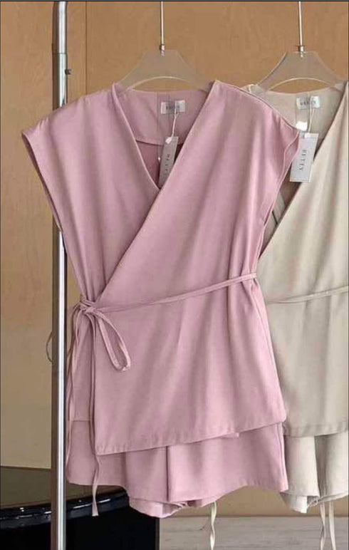 Summer Casual Wrap Tie Tops With Short Sets